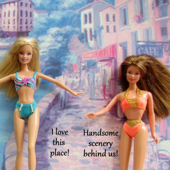 BARBIE & TERESA DOLLS, SWIMSUITS + OUTFITS in FRENCH STARBUCKS STORY - LOVELY! - Picture 2 of 10